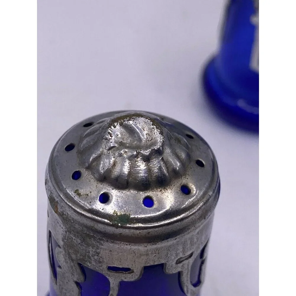 Vintage Cobalt Blue Glass‎ Salt & Pepper Shakers With Metal Lids Japan